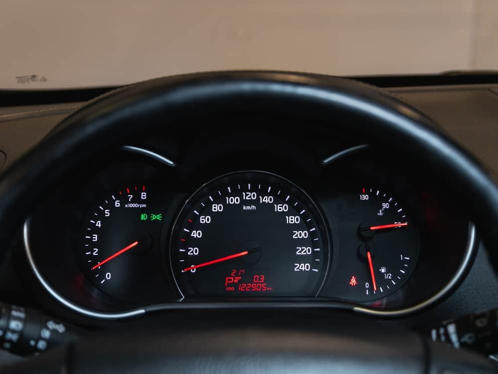 This is a close look at the dashboard meters of the Kia Sorento.