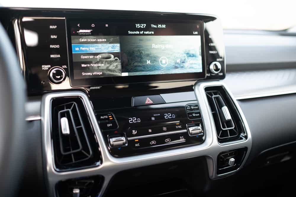 This is a close look at the infotainment unit of the Kia Sorento's dashboard.