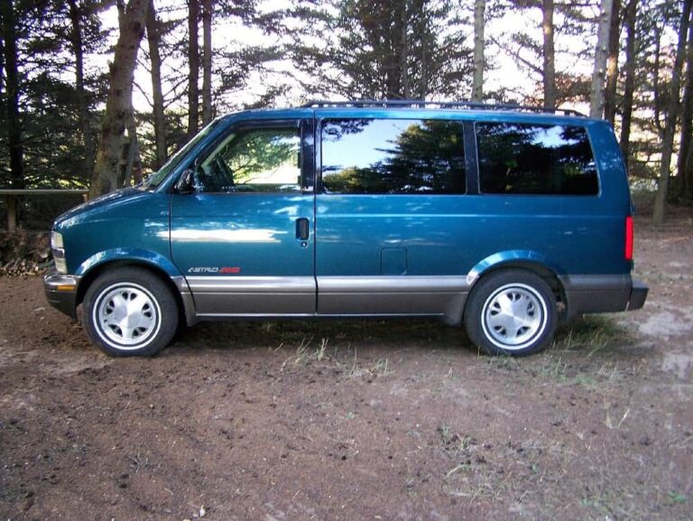 This is a blue minivan parked at an outdoor park under trees.