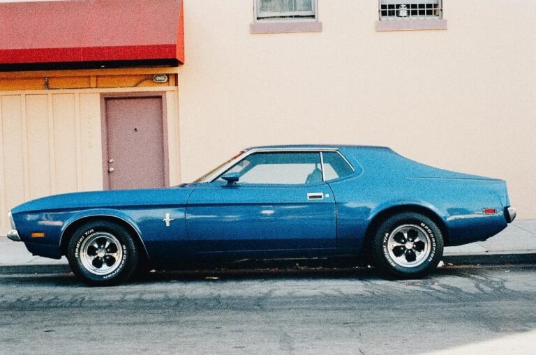 This is a dark blue Ford Mustang parked on the side of the street.