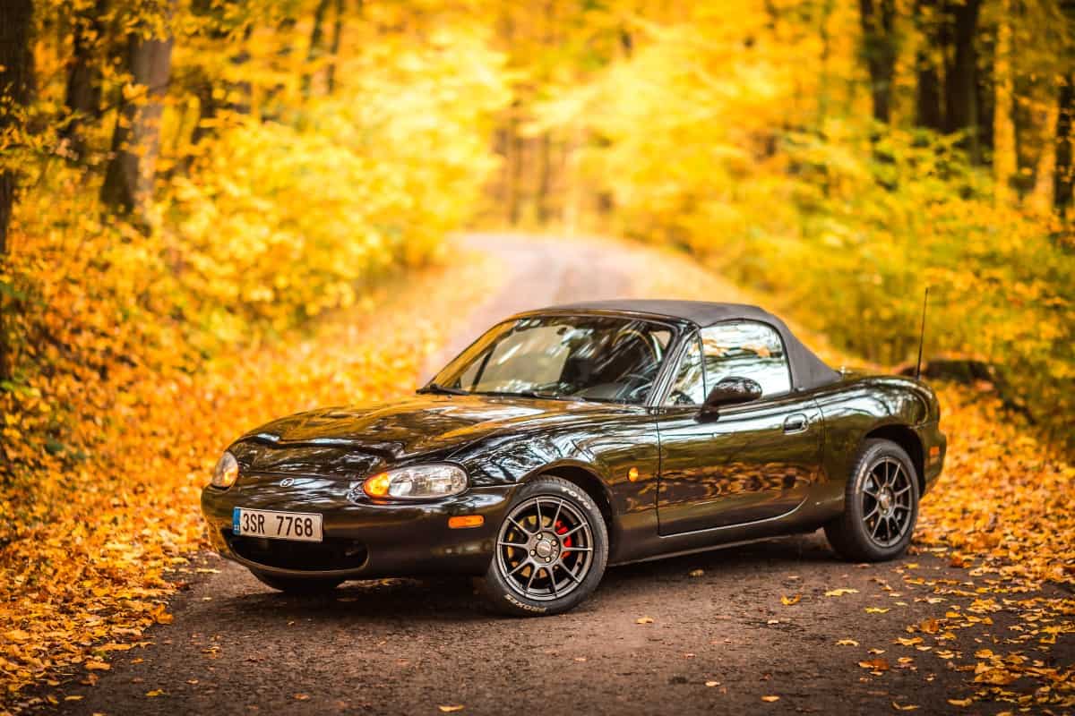 Mazda MX 5 Miata parked in the autumn forest.