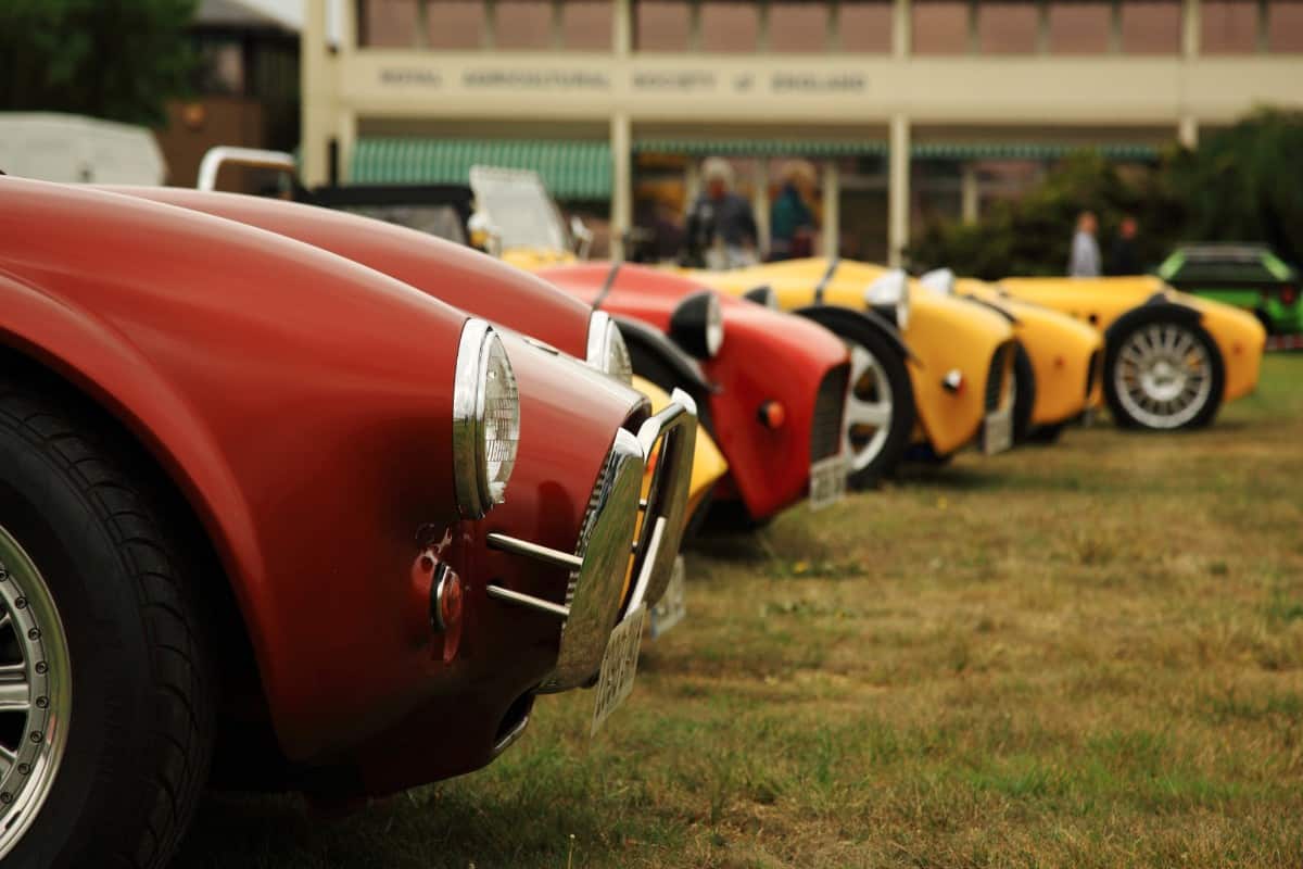 Closeup of red and yellow sports car.