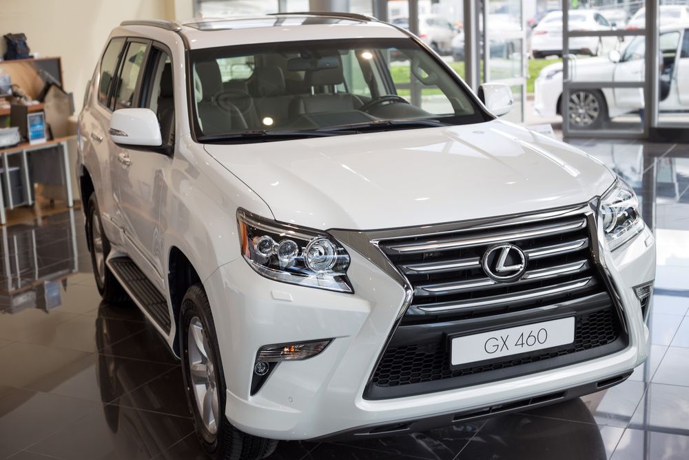 Front view of a white Lexus GX 460  in an SUV exhibit.