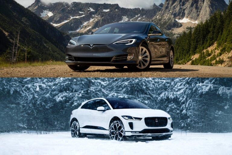 A collage of Tesla Model S and Jaguar I-Pace.