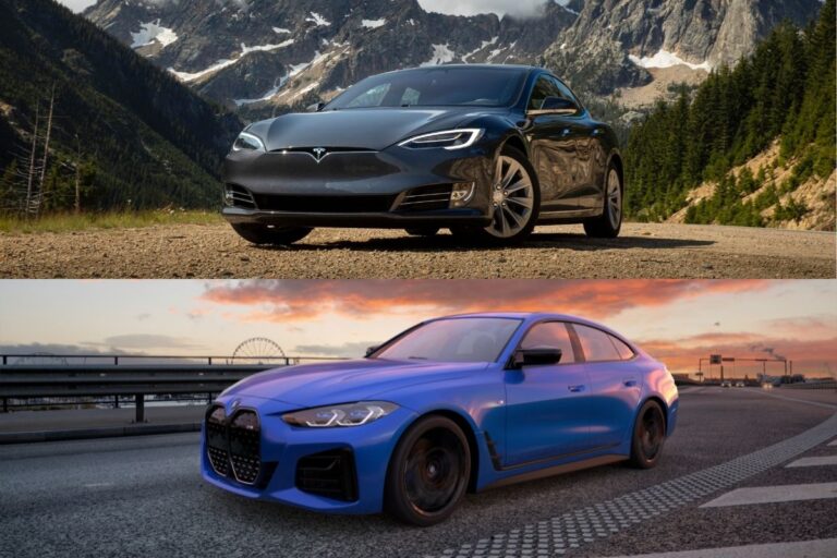 A collage of Tesla model 3 and BMW i4.