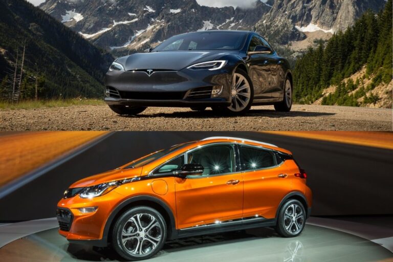 A collage of Tesla 3 and Chevy Bolt.