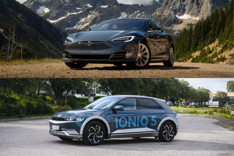 A collage of Tesla model 3 and Honda Ioniq 5.