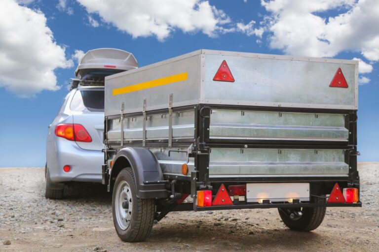 SUV car pulling utility trailer.