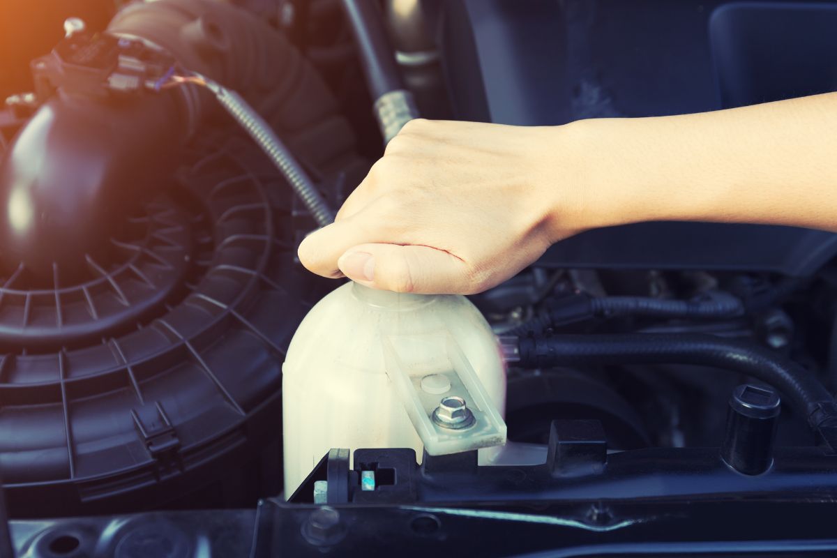 Hand inspect the car engine coolant level.