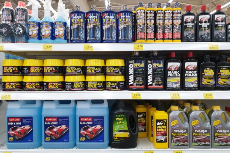 Different types of car wax on store.