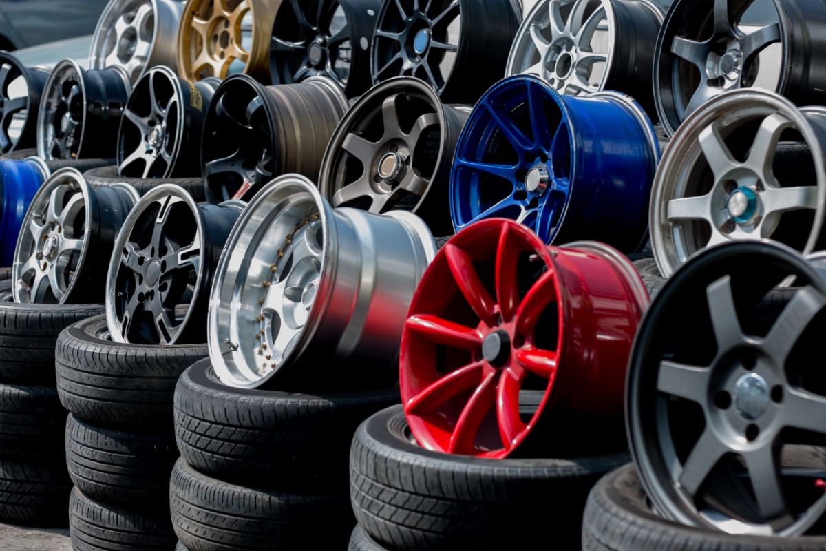 A display of different types of wheels for car. 