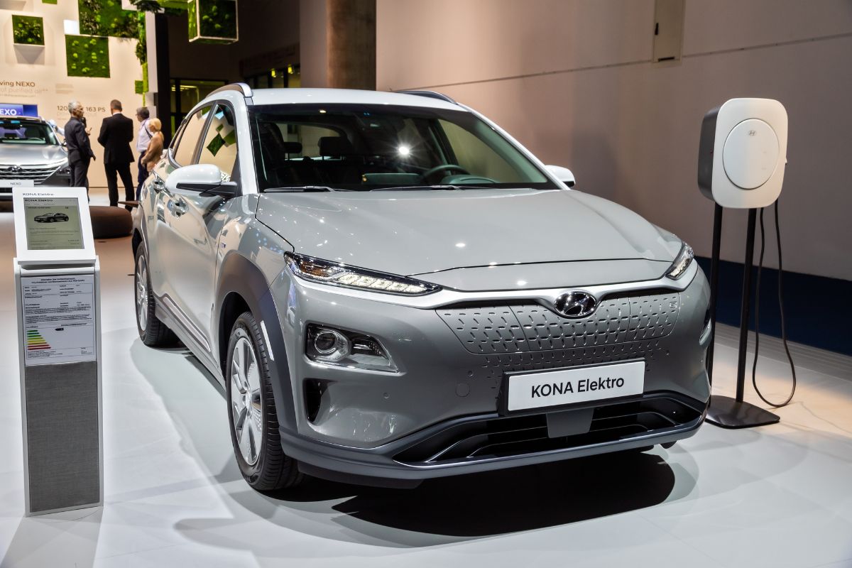 Front view of gray Hyundai Kona Electric on car show.