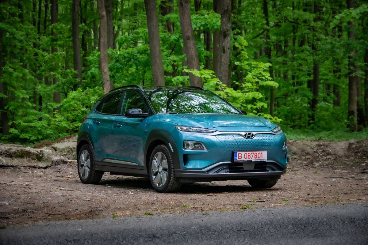 Side view look of a blue car on the forest.