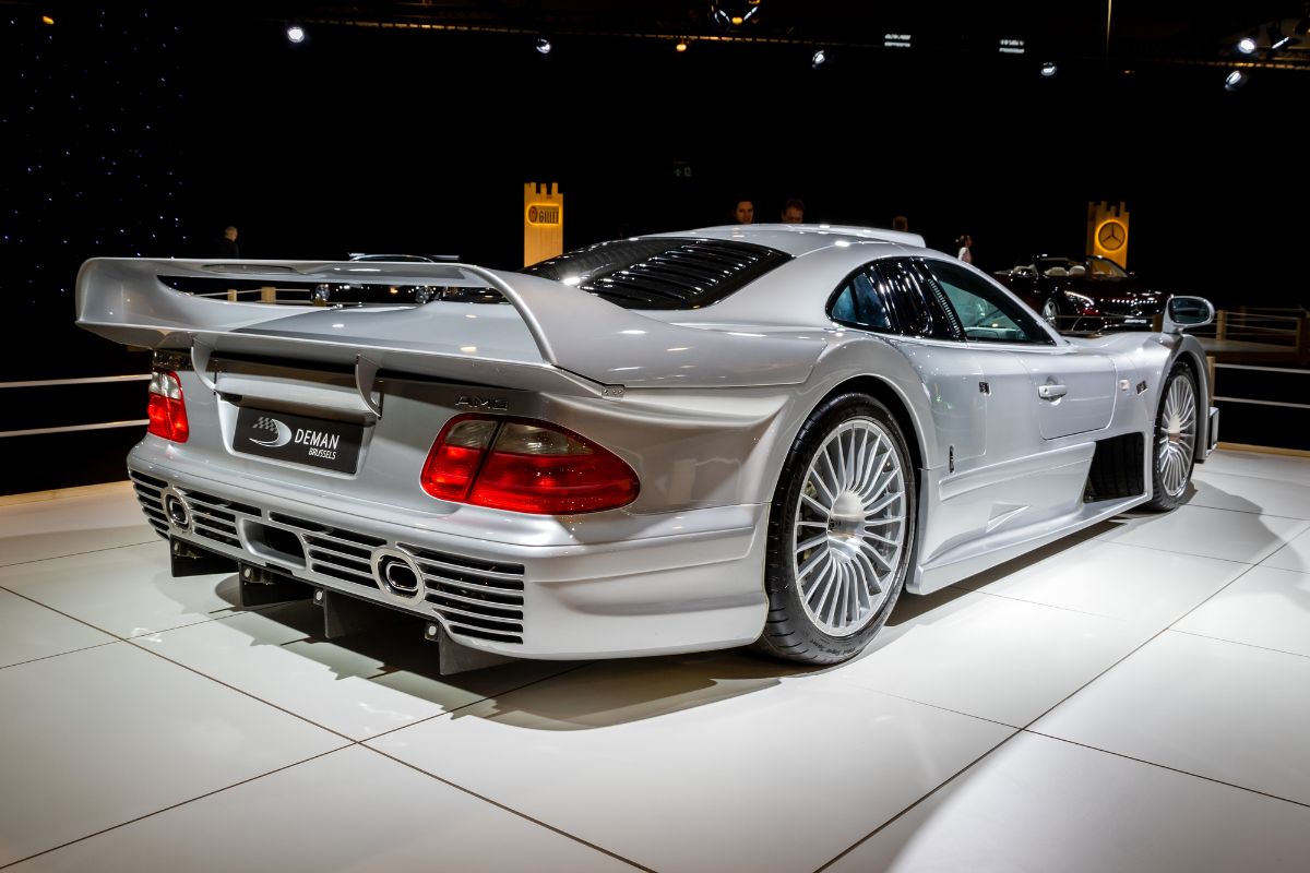 Pedestal spoiler of Mercedes-AMG CLK-GTR on sports car showcased.