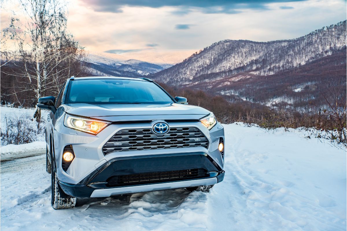 Front view image of a car in the snow.