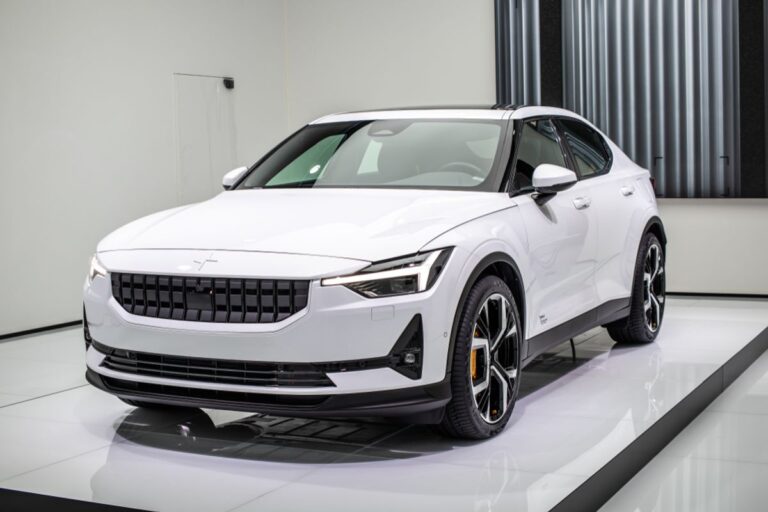 White Polestar parked on a garage.