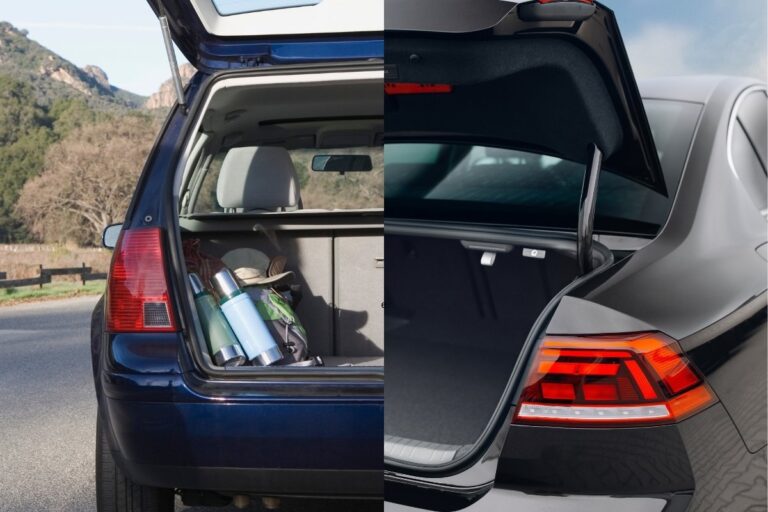 A collage of a car hatchback and car trunk.