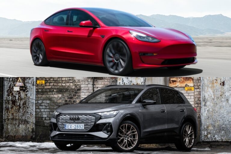 A collage of Tesla Model 3 and Audii Q4 e-tron.