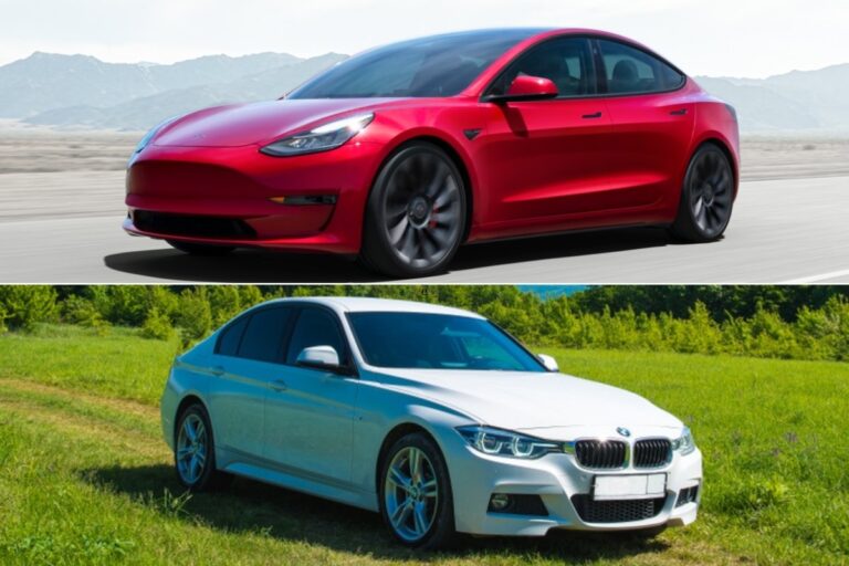 A collage of Tesla Model 3 and BMW 3.