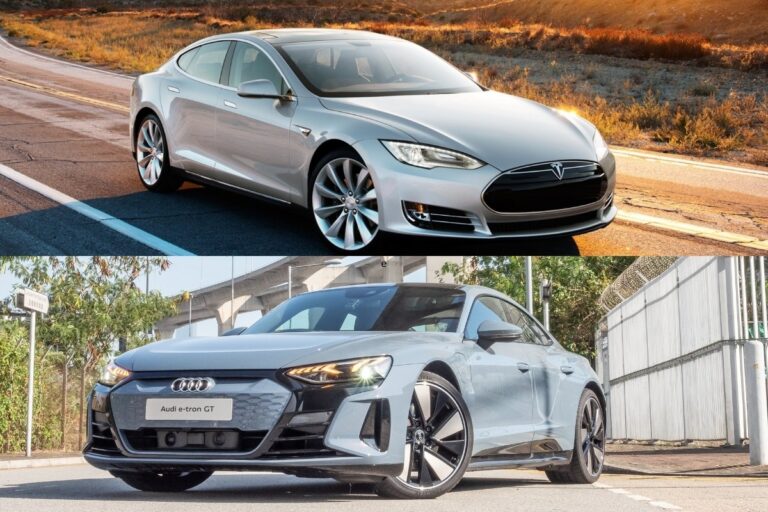 A collage of Tesla Model S and Audi E-Tron GT.