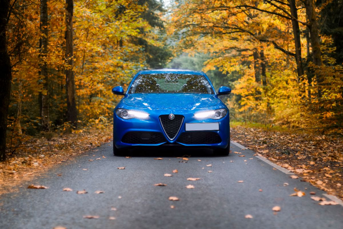 Front view of alfa romeo giulia car on the road fall season.