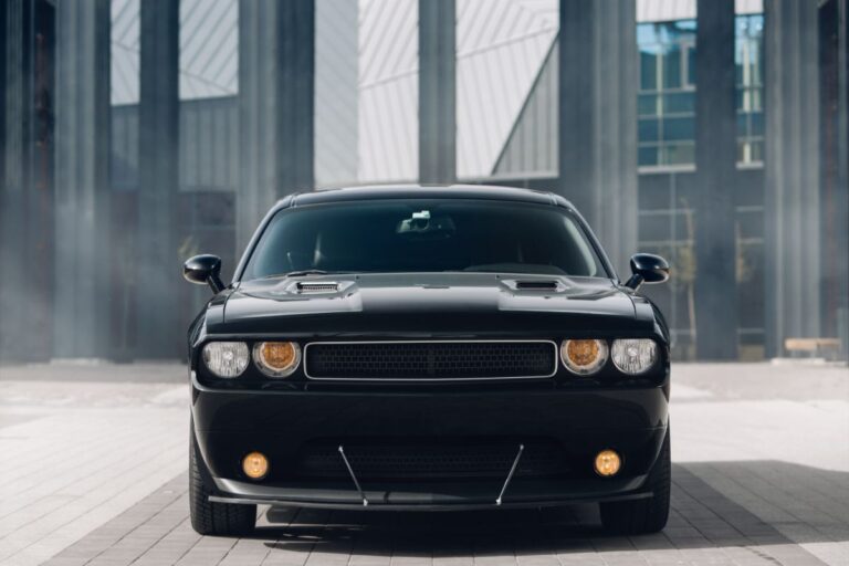 Front view look of a black dodge challenger.