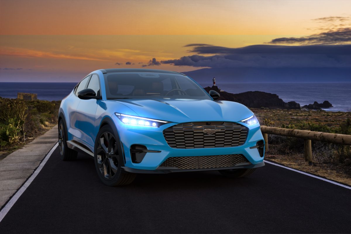 A 3d photo of a skyblue ford mustang in the road.