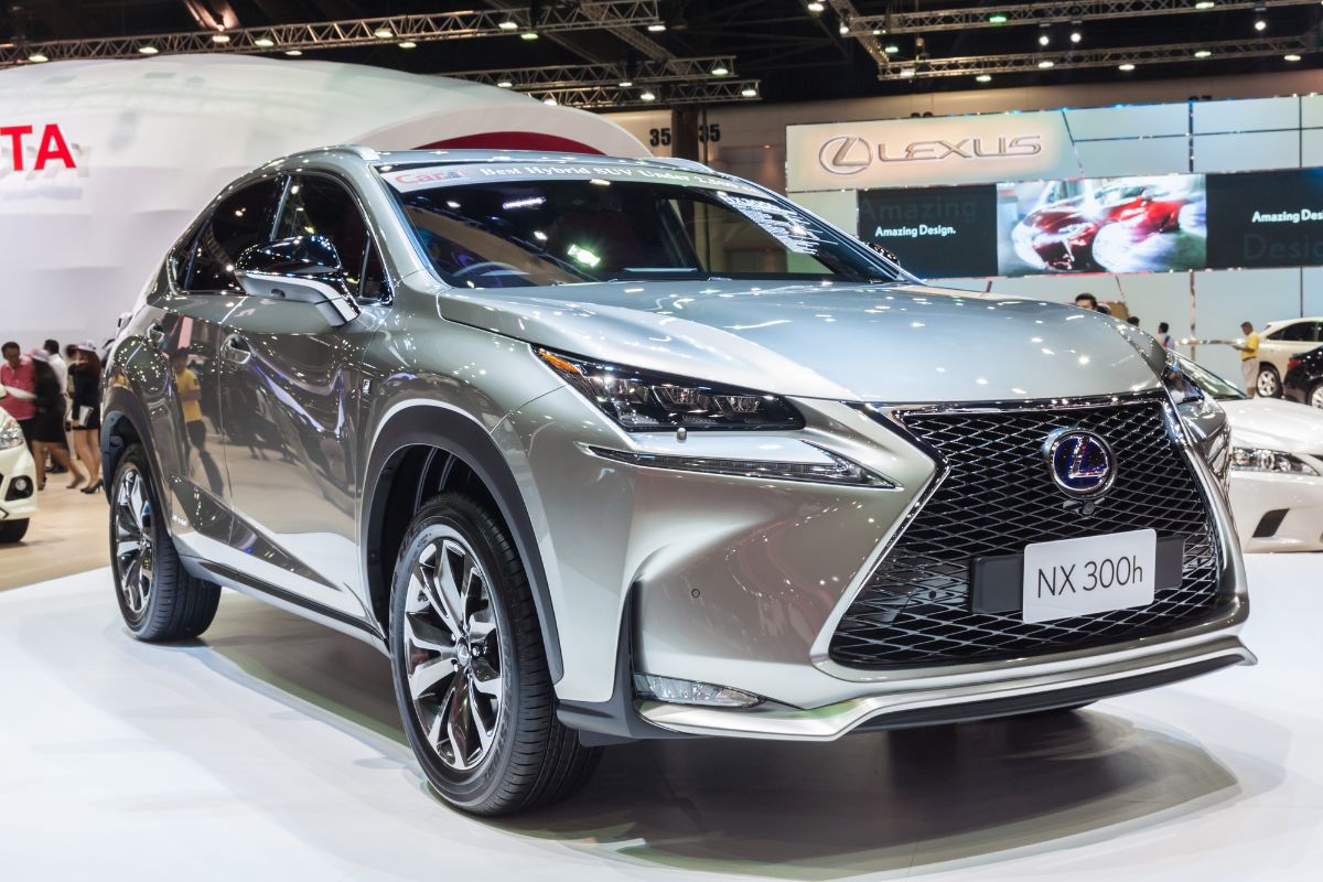 Front view gray Lexus NX on car show.