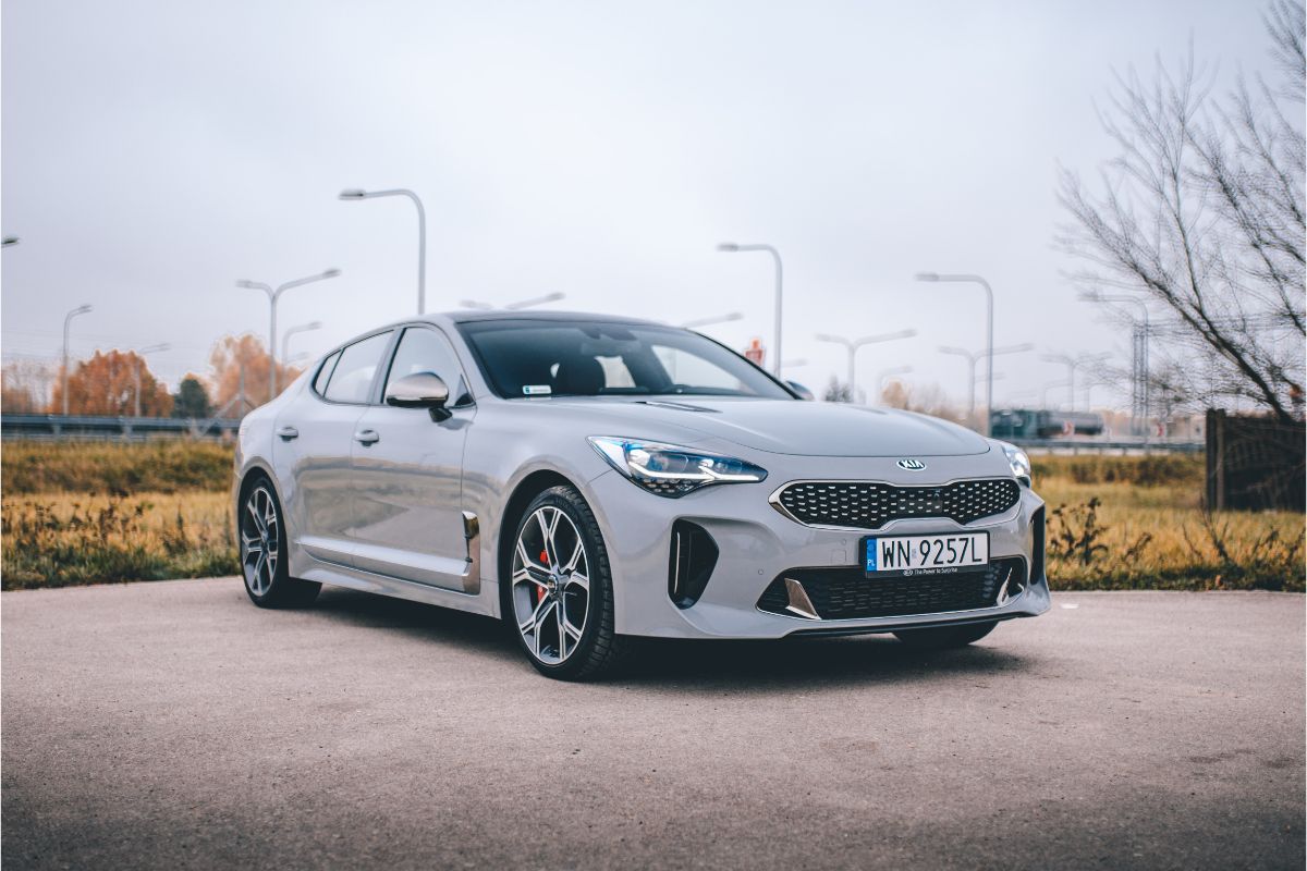 A white kia stinger photographed in the park.