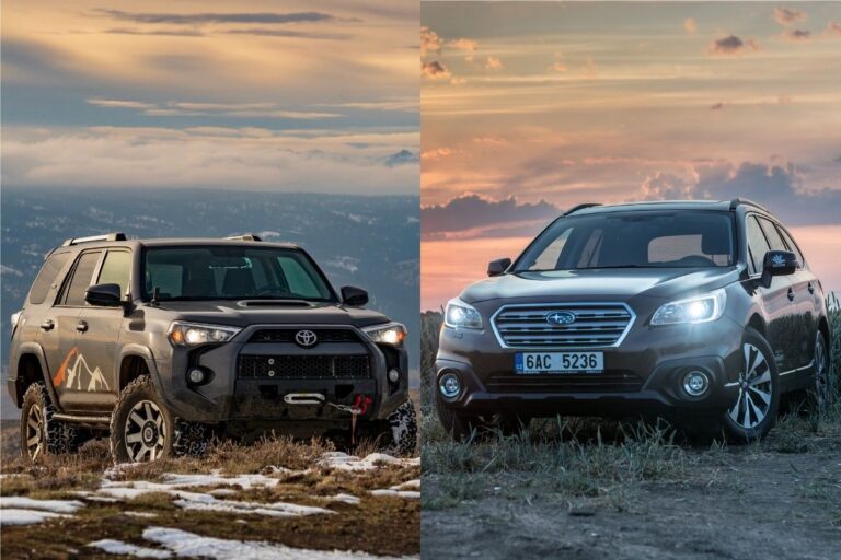 Two black cars in one picture under the sunset view.