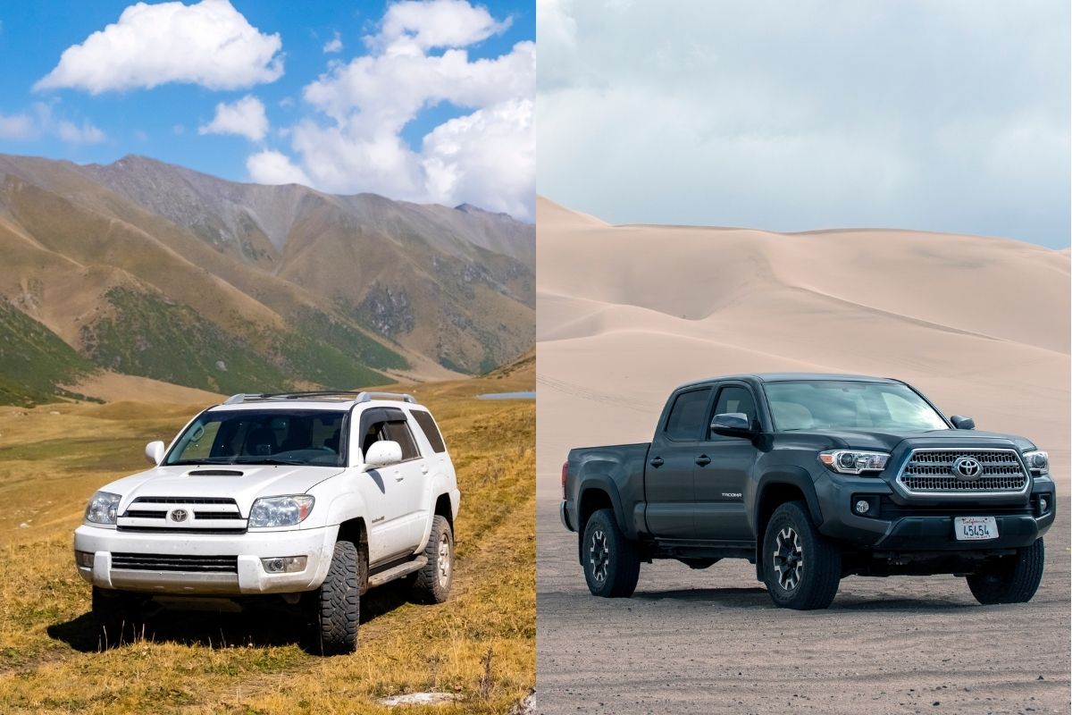 A collage photo of toyota 4runner and tacoma.