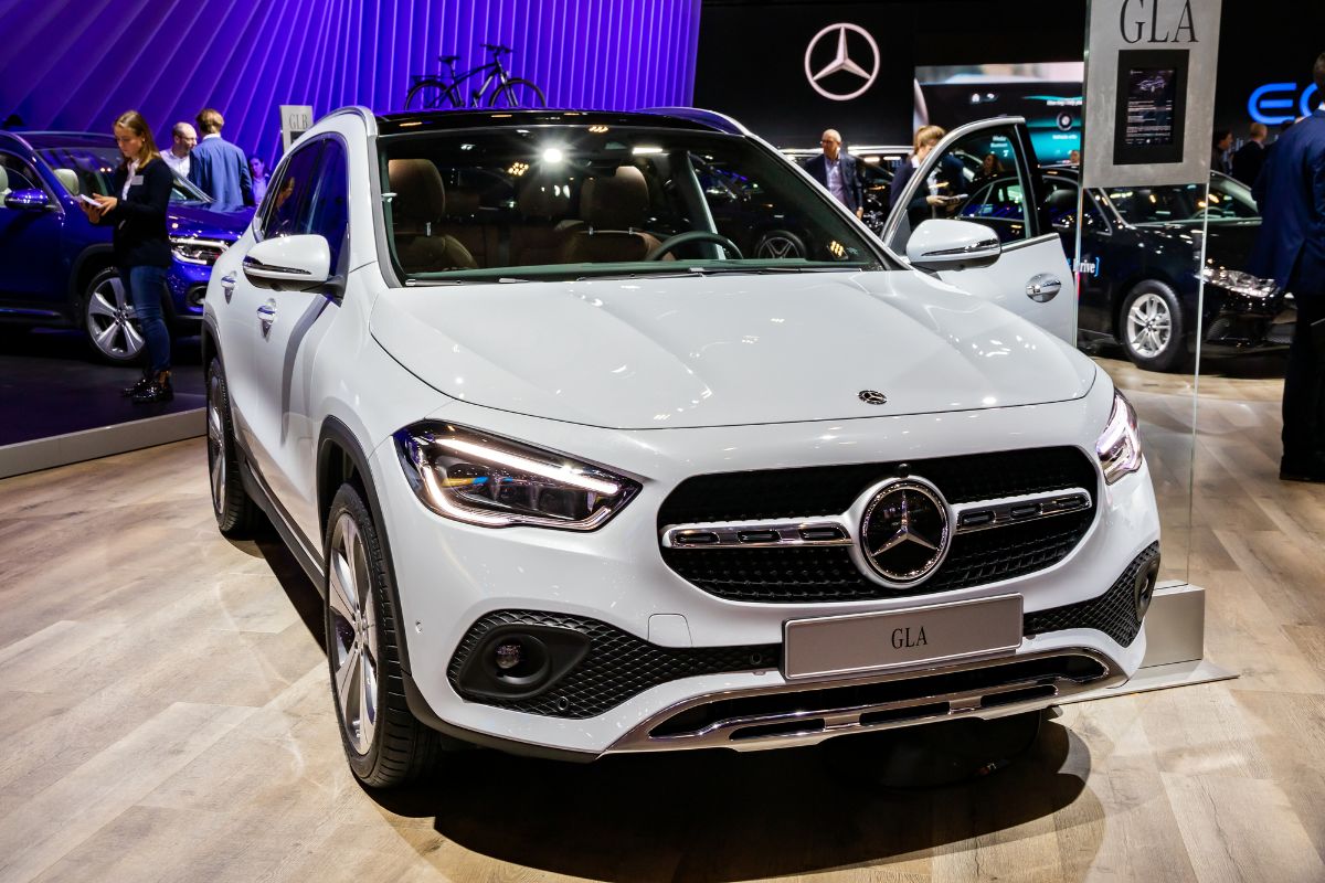 Front view of white Mercedes-Benz GLA-class on car show.