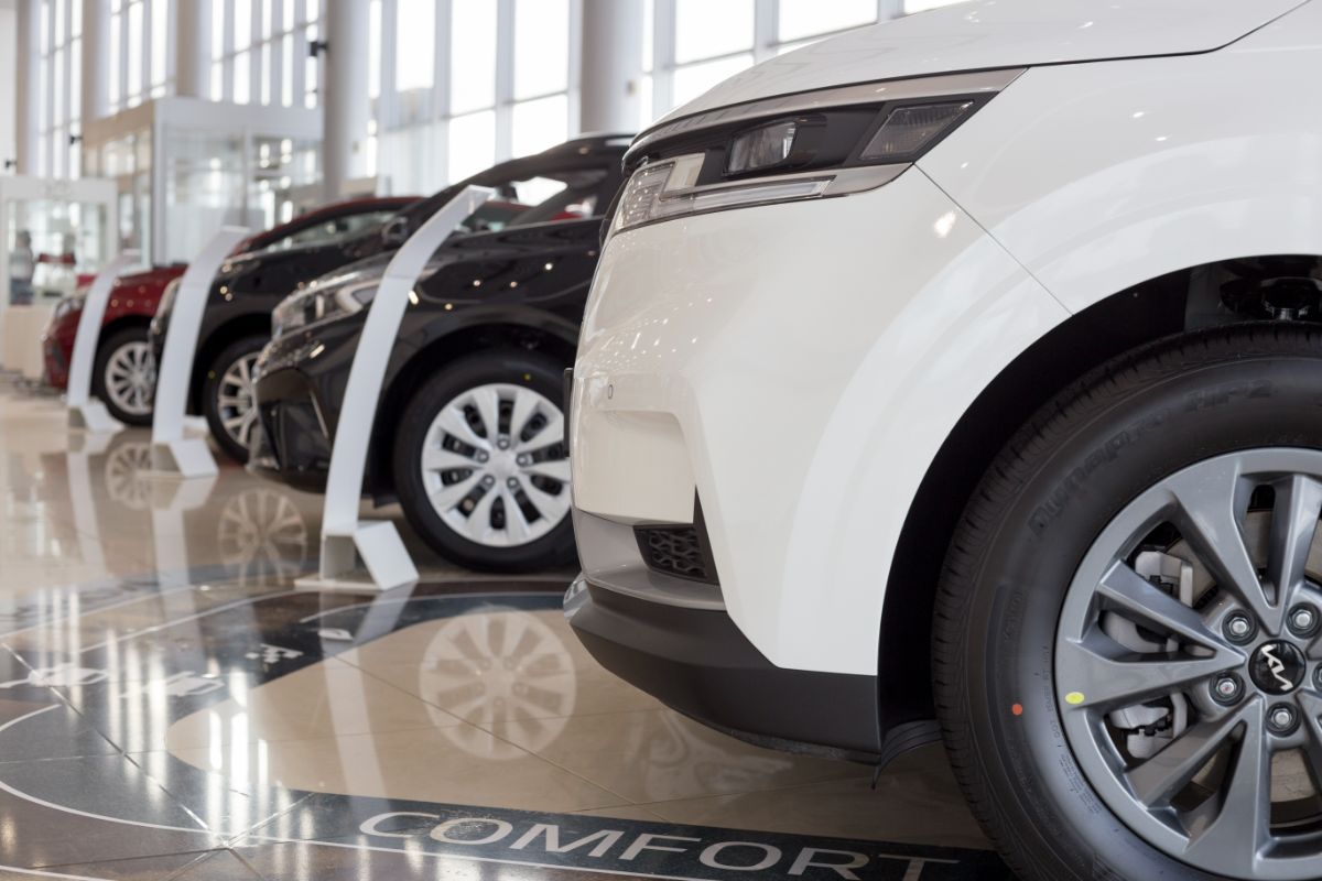 Different brand new cars in a showroom.