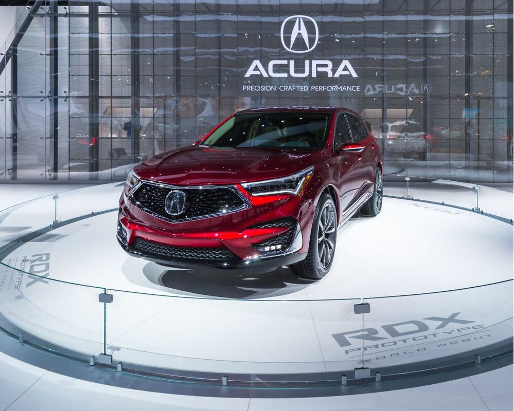 Acura RDX in a maroon colorway in display at the North American Auto Show in Detroit.