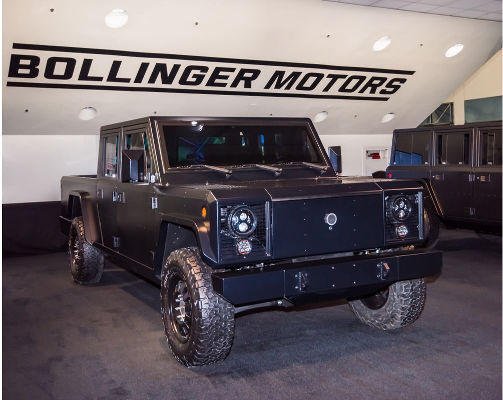 The badass looking all black Bollinger B2 in display at the Bollinger Motors Dealership in Los Angeles.