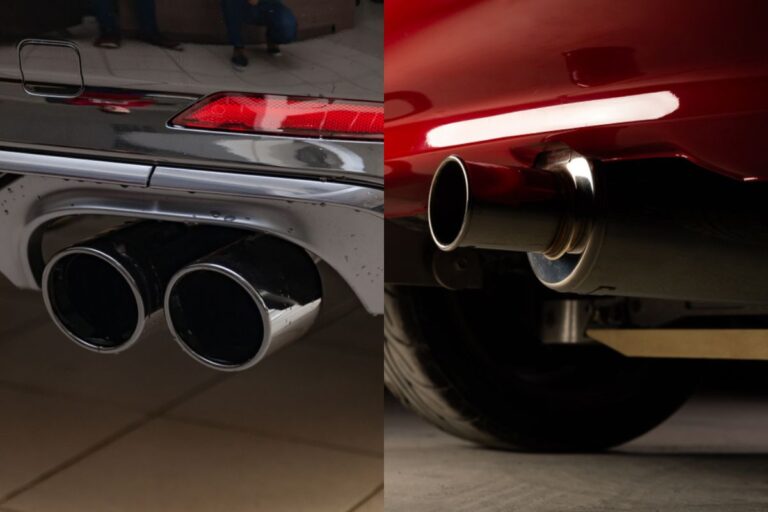 Cropped photo of a dual muffler and single muffler in one picture.