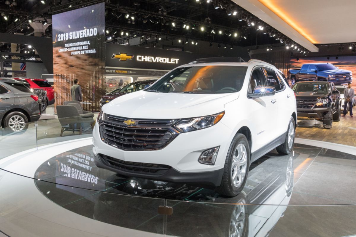 Chevrolet Equinox in a white colorway in display at the Chevrolet Dealership store in in Los Angeles.