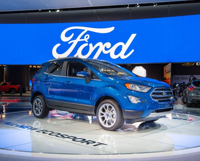 2018 model of Ford Ecosport in metallic blue colorway in display at the North American International Auto show.