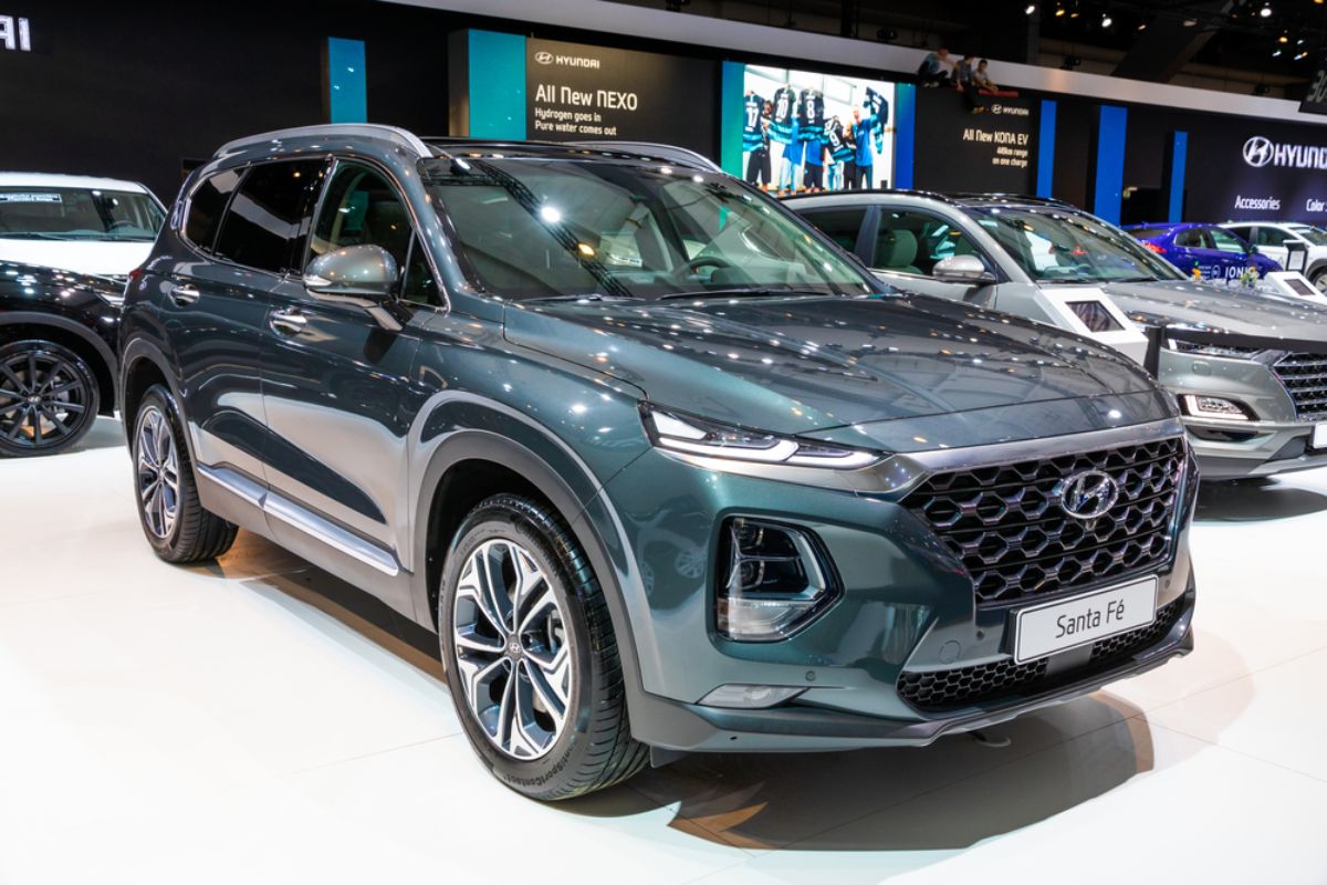 The all new Hyundai Santa Fe in a gray colorway in display at the Hyundai Dealership store.