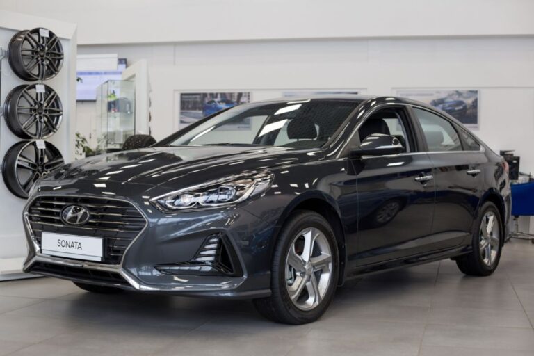 Brand new black Hyundai Sonata at the Hyundai Showroom in Russia.