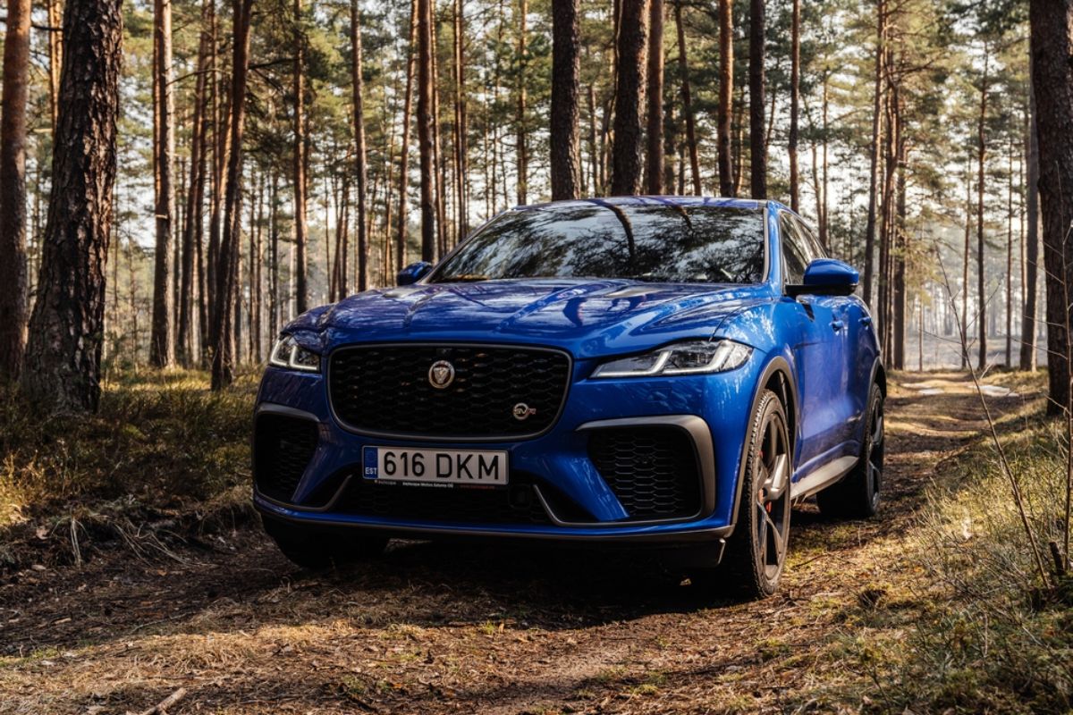 The all new Jaguar F-Pace in a metallic blue colorway in the forest for test driving.