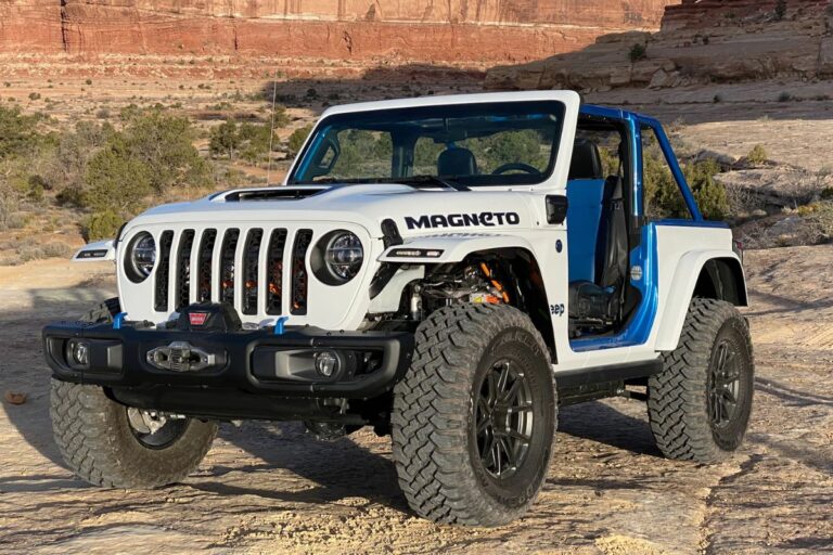 The strong and bold Jeep Wrangler Magneto captured in the rocky terrain.