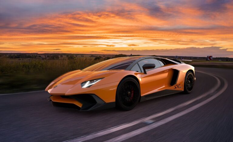 A 3d illustration of yellow lamborghini aventador driving during sunset.