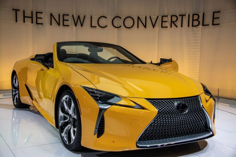 Front view photo of new yellow lexus lc on autoshow.