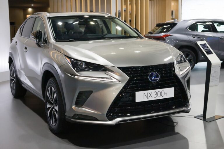 A photo of lexus nx car in a grey color at the auto show.