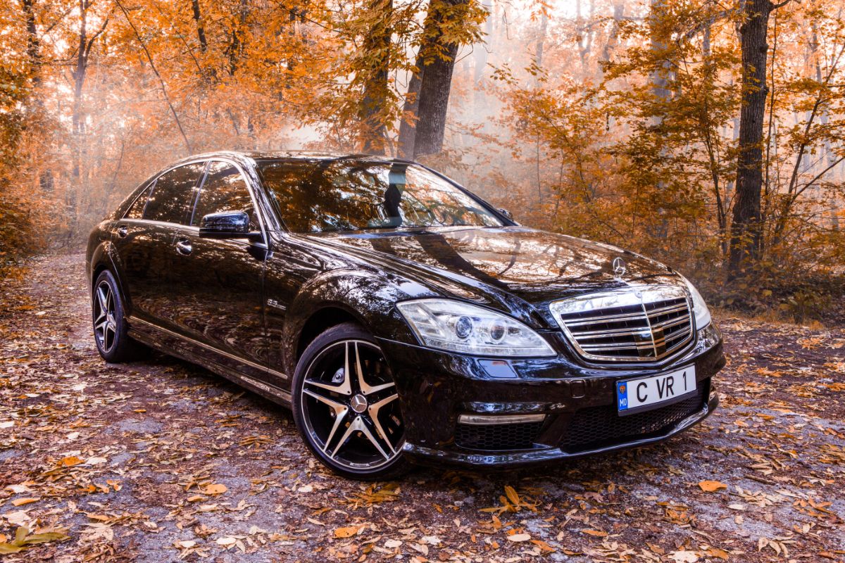 A photo of Mercedes-Benz S Class at the forests during autumn.