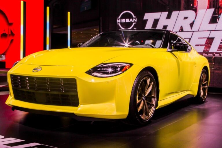 2022 model Nissan Z in a neat yellow colorway at the New York's Nissan automobile dealership store.