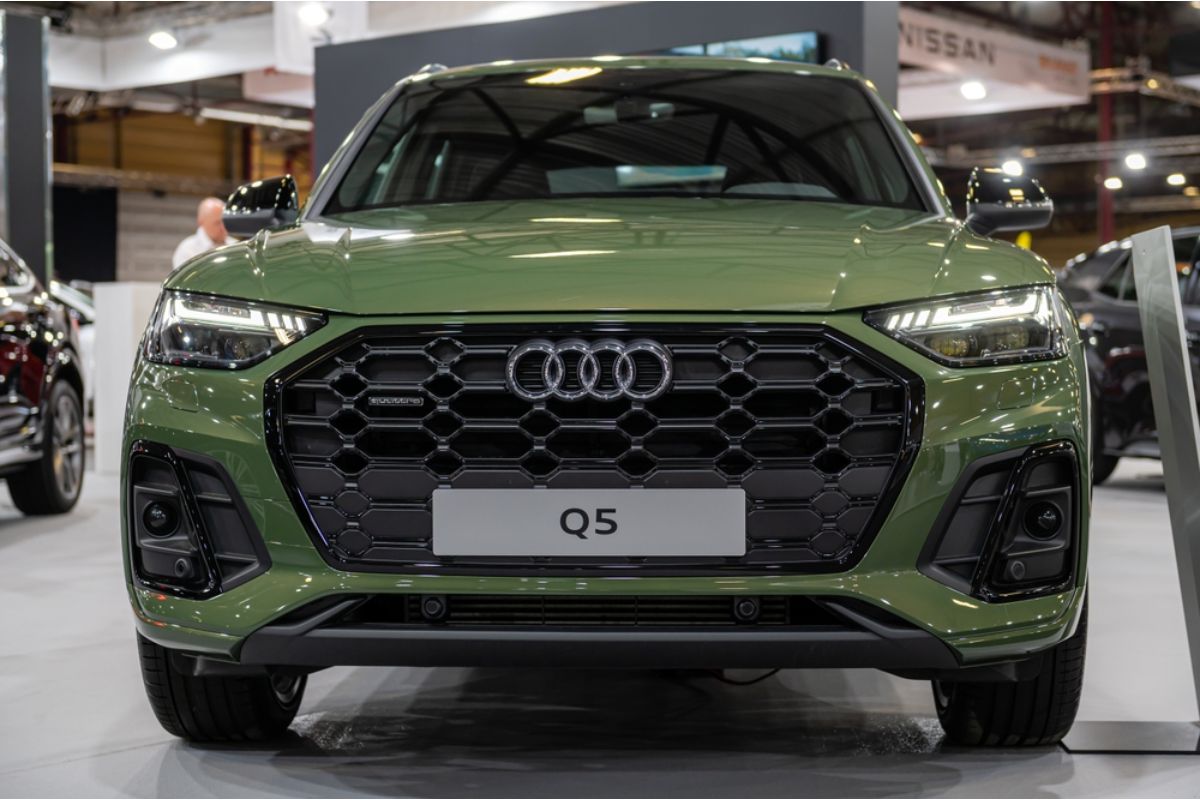 Front view angle of the all new Audi Q5 in an army green colorway in display at the Audi motor show in Riga Latvia.