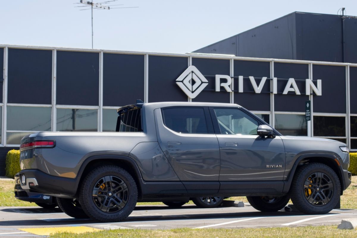 The brand new Rivian Rt in gray colorway in display outside the Rivian Car Dealership store. 