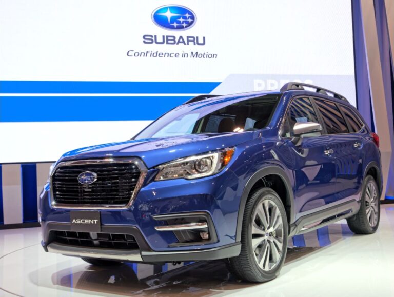 The all new Subaru Ascent in a metallic blue colorway displayed in the Subaru dealership store.